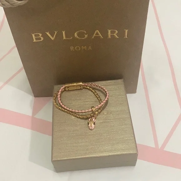 Bvlgari Snake Head Charm Metal Calfskin Bracelet Size 14.5cm - Picture 1 of 11